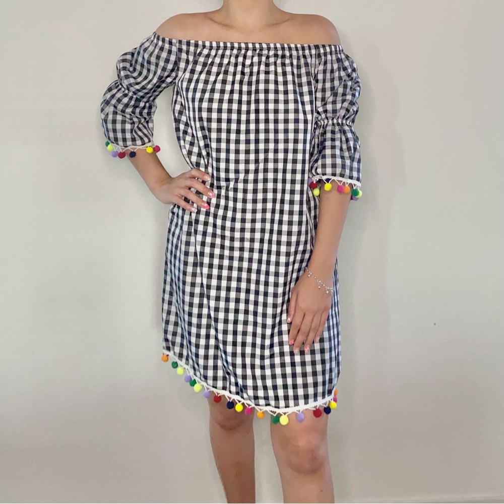 Black & White Plaid Pom Pom Dress